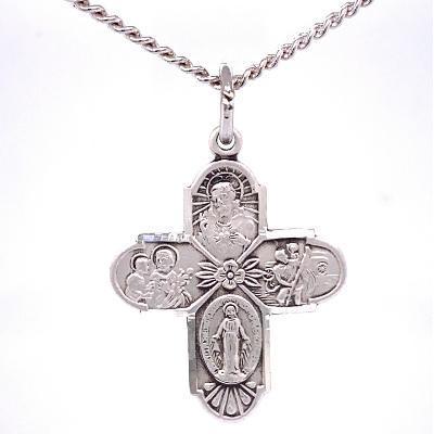 Sterling Four-way Medal Cross Chain Necklace 1" Pendant - 20" Chain - Saint-Mike.org