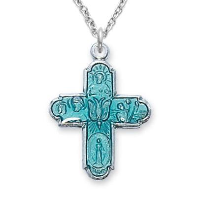 Sterling Silver Blue Four-way Medal Cross Necklace .75" Pendant - 18" Chain - Saint-Mike.org
