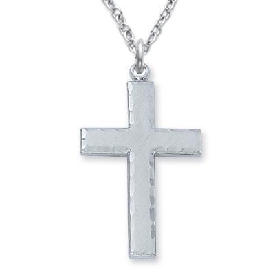 Sterling Silver Cross Necklace Hammered Edges 1.25" Pendant - 24" Chain - Saint-Mike.org