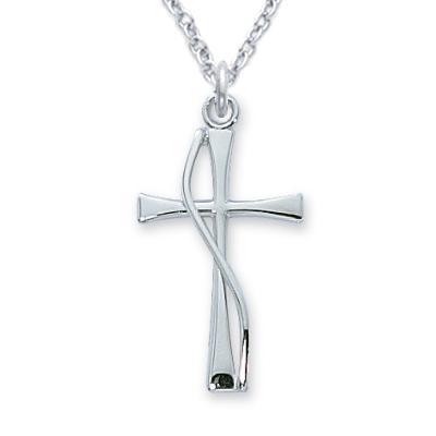Sterling Silver Curved Cross Chain Necklace for Women 1" Pendant - 18" Chain - Saint-Mike.org