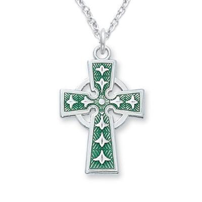 Sterling Silver Green Celtic Cross Necklace .875" Pendant - 18" Chain - Saint-Mike.org