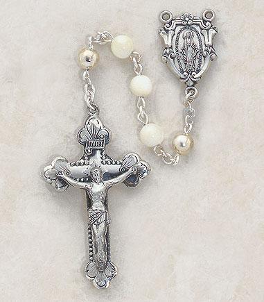 Sterling Silver Rosary (Mother of Pearl) - 6mm Bead - Saint-Mike.org