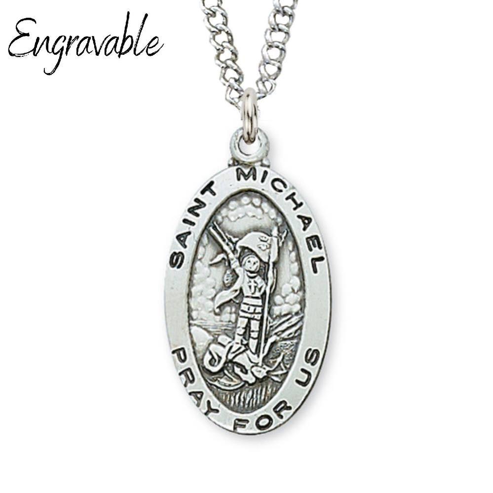 Sterling Silver St. Michael Large Oval Pendant - 18" Chain - Saint-Mike.org