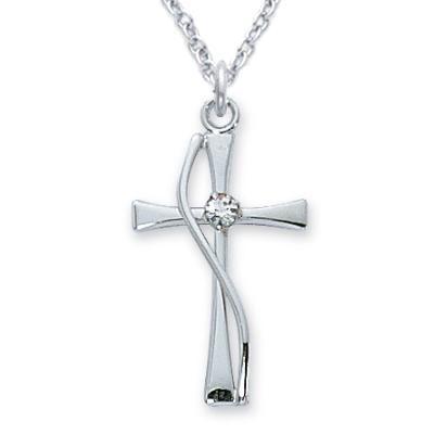 Sterling Women's Cross Necklace Curved with Crystal Stone .875" Pendant - 18" Chain - Saint-Mike.org