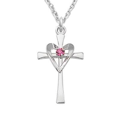 Sterling Women's Cross Necklace with Heart & Center Rose Stone 1" Pendant - 18" Chain - Saint-Mike.org