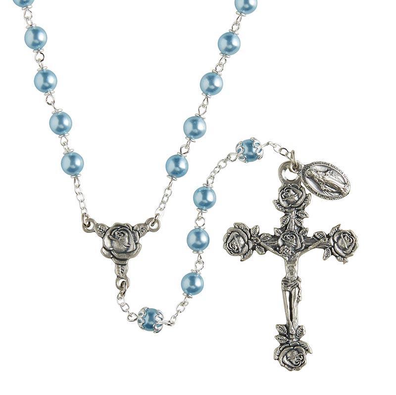 Swarovski Blue Link-Lock Pearl Rosary - 6mm Bead - Saint-Mike.org