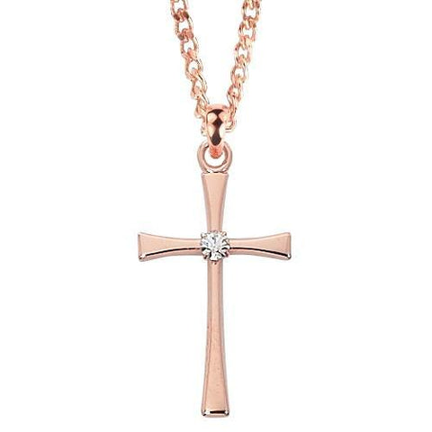 Tapered Rose Gold Cross Necklace for Women with Crystal Stone - 18" Chain - Saint-Mike.org