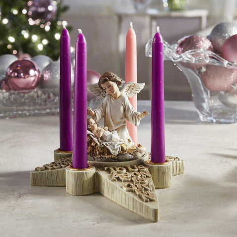 Two-Piece Nativity Angel Advent Wreath Candle Holder (O Come Emmanuel Collection) - 9.75" H - Saint-Mike.org