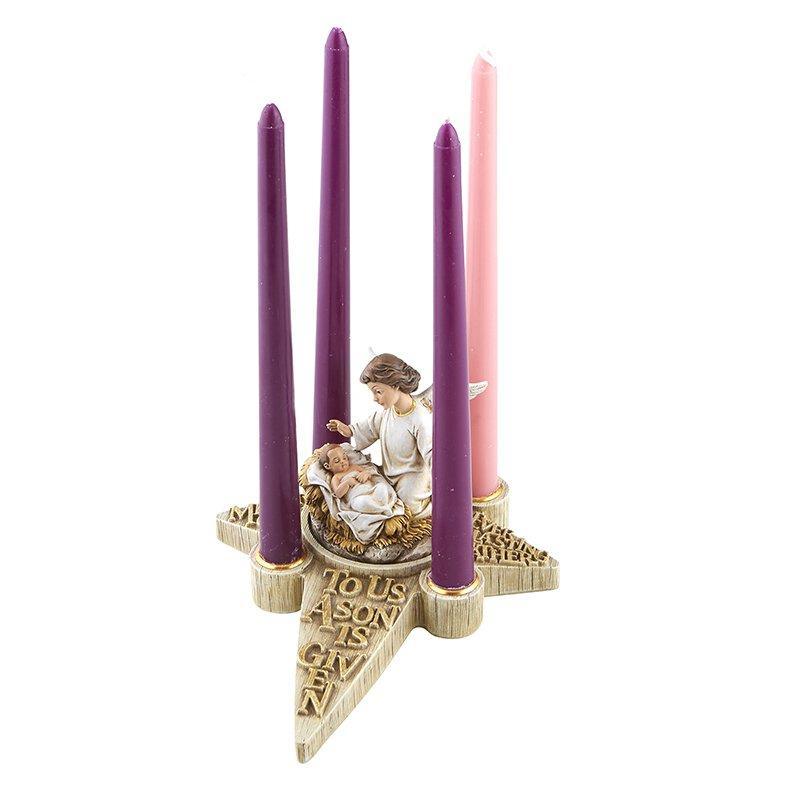 Two-Piece Nativity Angel Advent Wreath Candle Holder (O Come Emmanuel Collection) - 9.75" H - Saint-Mike.org