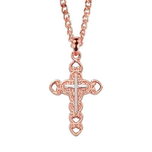Two-tone Women's Rose Gold Cross Necklace Hearts - 18" Chain - Saint-Mike.org