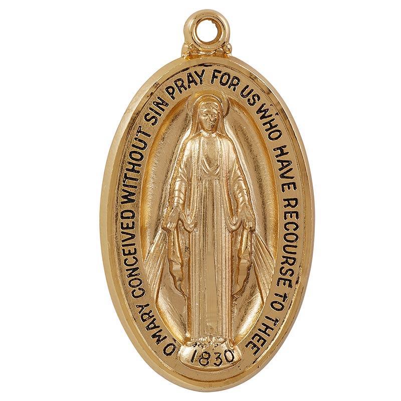 Gold Over Sterling Silver Oval Miraculous Medal Necklace - 27" Chain - Saint-Mike.org