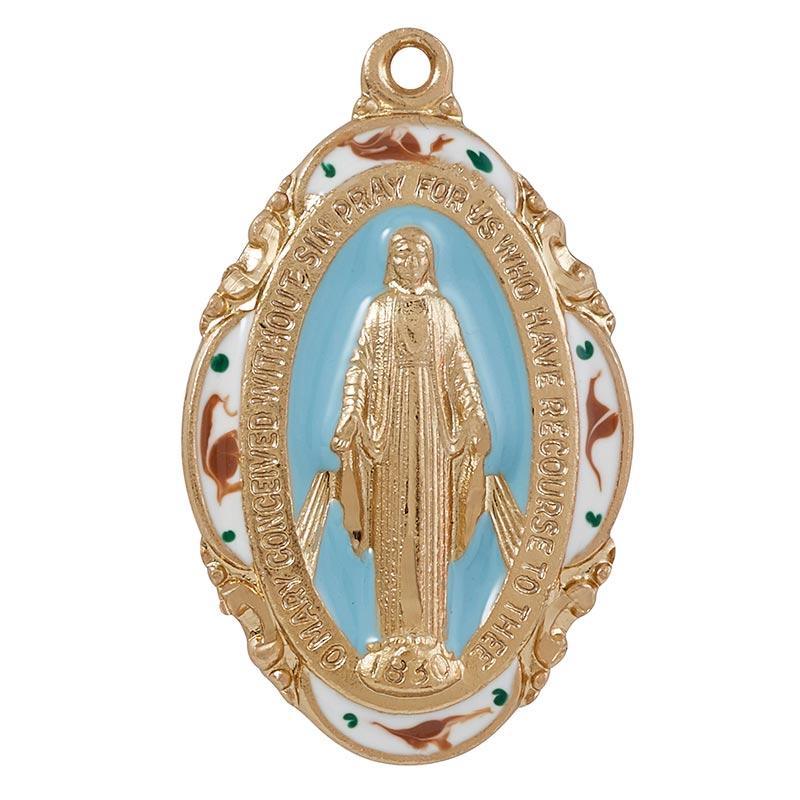 Gold Over Sterling Silver Miraculous Medal Blue Accent Necklace - 18" Chain - Saint-Mike.org