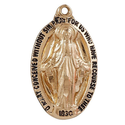 Gold Over Sterling Silver Miraculous Medal Black Lettering Necklace - 18" Chain - Saint-Mike.org