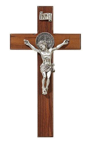 St Benedict Walnut Crucifix w/ Pewter Corpus - 8" H - Saint-Mike.org