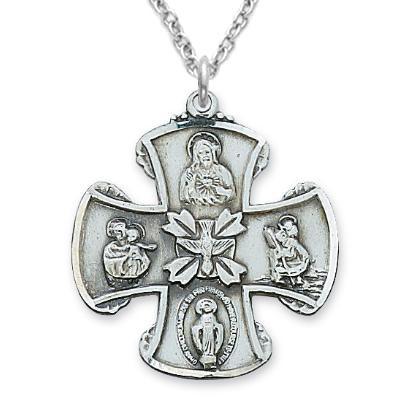 Wide Cross Four-way Medal Necklace Holy Spirit 1" Pendant - 24" Chain - Saint-Mike.org
