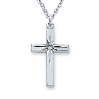 Women Sterling Cross Necklace Cubic Zirconia Stone .8125" Pendant - 18" Chain - Saint-Mike.org