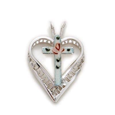Women's Cloissonne Heart Cross Sterling Silver Necklace - 18" Chain - Saint-Mike.org