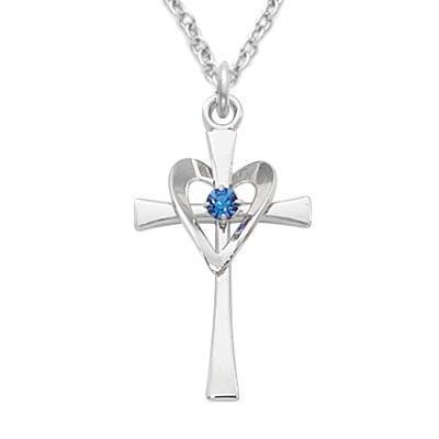Women's Cross Necklace with Heart & Center Blue Stone 1" Pendant - 18" Chain - Saint-Mike.org