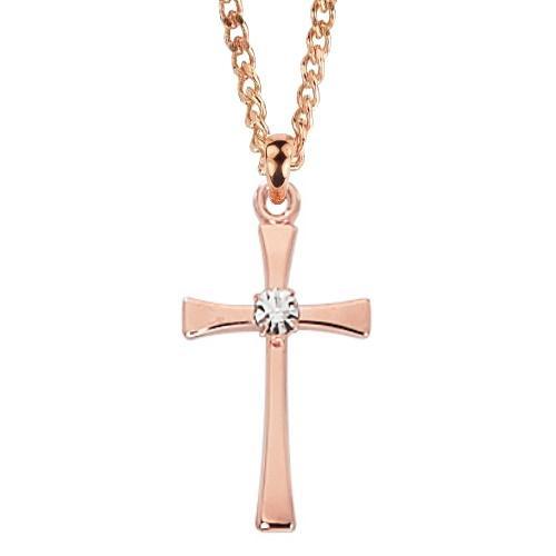 Women's Rose Gold Cross Necklace with Crystal Stone Center - 18" Chain - Saint-Mike.org