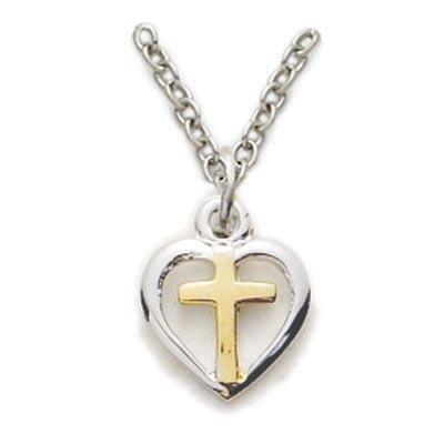 Women's Silver Heart Pendant Necklace with Gold Cross - 18" Chain - Saint-Mike.org