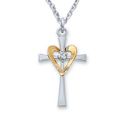 Women's Sterling Cross Necklace Two-tone Gold Heart with CZ Stone 1" Pendant - 18" Chain - Saint-Mike.org