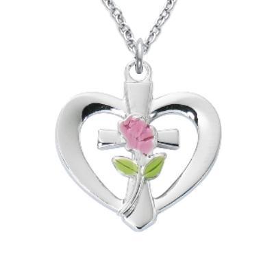 Women's Sterling Heart Necklace with Rose Cross Pendant - 18" Chain - Saint-Mike.org