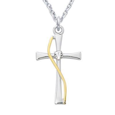 Women's Two-tone Cross Necklace Curved Gold Wire Crystal Stone .875" Pendant - 18" Chain - Saint-Mike.org