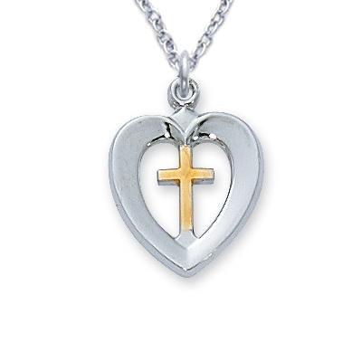 Womens Two-tone Sterling Silver Heart & Gold Cross Necklace - 18" Chain - Saint-Mike.org