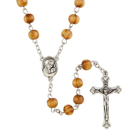 Wood Bead Rosary Madonna and Child Medal - 7mm Bead - Saint-Mike.org