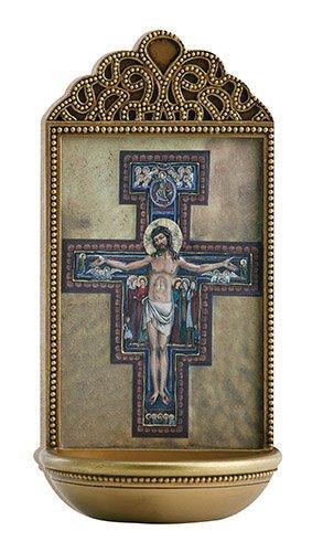 San Damiano Crucifix Holy Water Font (Blessed Tresures Collection) - 6" H - Saint-Mike.org