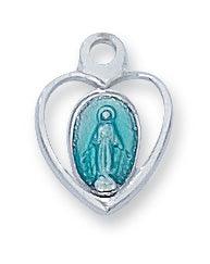 Tiny Heart Shaped Blue Enamel Blessed Mother Pendant - 16" Chain - Saint-Mike.org