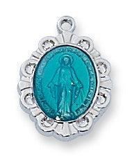 Tiny Blue Enamel and Sterling .5" Miraculous Medal - 16" Chain - Saint-Mike.org