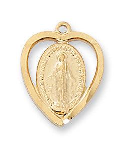 Gold Heart Shaped .625" Pendant Virgin Mary Necklace - 18" Chain - Saint-Mike.org
