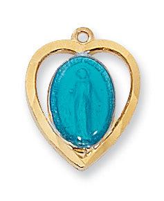 Gold Heart With Blue Enamel .625" Miraculous Medal - 18" Chain - Saint-Mike.org