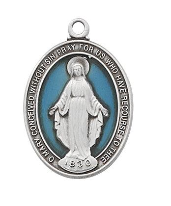 1" Virgin Mary Miraculous Medal with Blue Enamel and Sterling Silver - 18" Chain - Saint-Mike.org