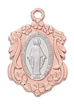 Floral Two-tone Rose Gold .91" Blessed Mother Pendant - 18" Chain - Saint-Mike.org