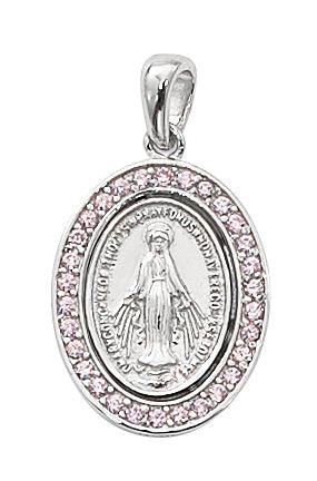 Light Pink Stone on 1" Sterling Miraculous Medal - 18" Chain - Saint-Mike.org