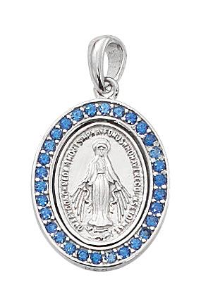 Baby Blue Stone Miraculous Medal Sterling Necklace - 18" Chain - Saint-Mike.org