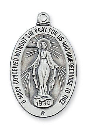Large Miraculous Medal 1" Sterling Silver Oval Pendant - 20" Chain - Saint-Mike.org