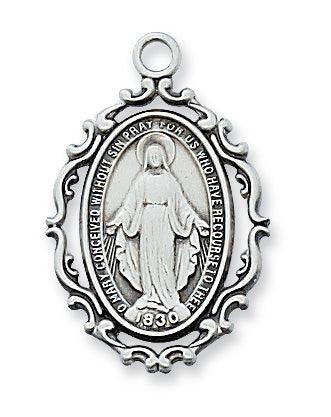 Ornate Sterling Silver 1" Mother Mary Pendant - 18" Chain - Saint-Mike.org