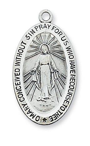 Sterling Silver Virgin Mary 1" Medal Necklace Large Inscription - 18" Chain - Saint-Mike.org