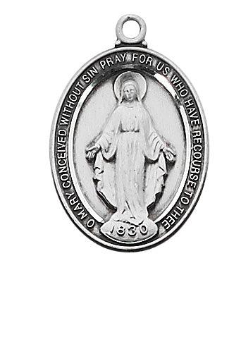 Traditional 1" Miraculous Medal Sterling Silver Necklace - 18" Chain - Saint-Mike.org