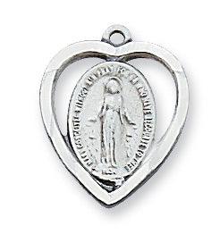 Small Heart Shaped Blessed Mother Sterling Pendant - 18" Chain - Saint-Mike.org