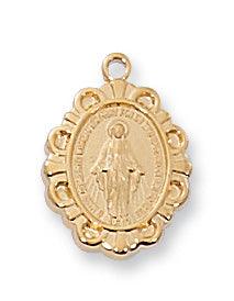 Small Gold Virgin Mary .5" Pendant Adorned Border - 16" Chain - Saint-Mike.org