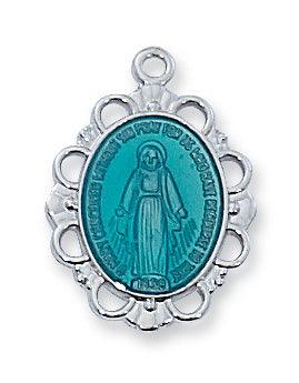 Two-tone Sterling Blue Enamel Virgin Mary Necklace - 18" Chain - Saint-Mike.org