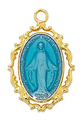 Gold 1" Miraculous Medal With Blue Enamel - 18" Chain - Saint-Mike.org