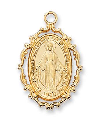 Ornate Gold Miraculous Medal 1" Oval Pendant - 18" Chain - Saint-Mike.org