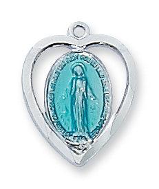 Two-tone Heart Shaped Miraculous Medal Sterling Blue Enamel - 18" Chain - Saint-Mike.org