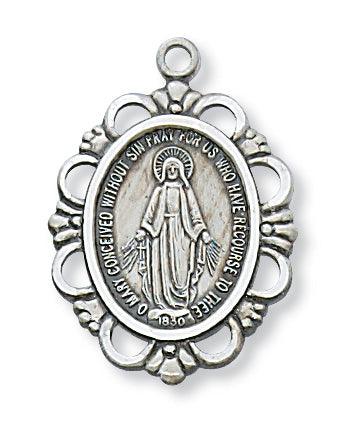 Virgin Mary Necklace Ornate Trim Sterling Silver - 18" Chain - Saint-Mike.org