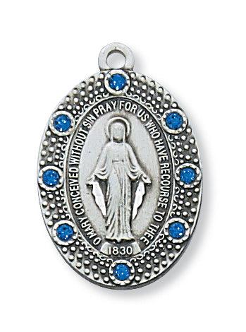 Blue Glass Stone Mother Mary 1" Pendant - 18" Chain - Saint-Mike.org